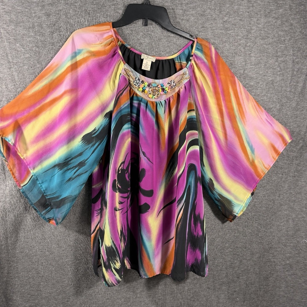 Womens Colorful Studded Beaded Trim Watercolor Retro Blouse Top USA Made Size XL